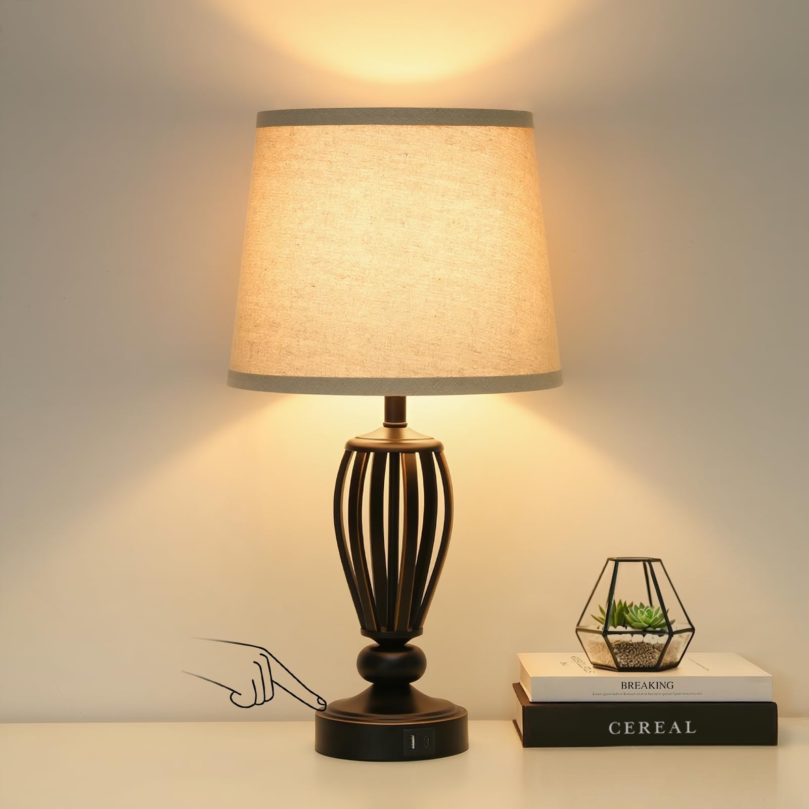 USB Bedside Lamp, 3-Way Dimmable Touch Table Lamp with USB C+A Charging Ports Industrial Table Lamp Black Metal Base Farmhouse Reading Lamp for Bedroom, Living Room, Office or Study LED Bulb Included