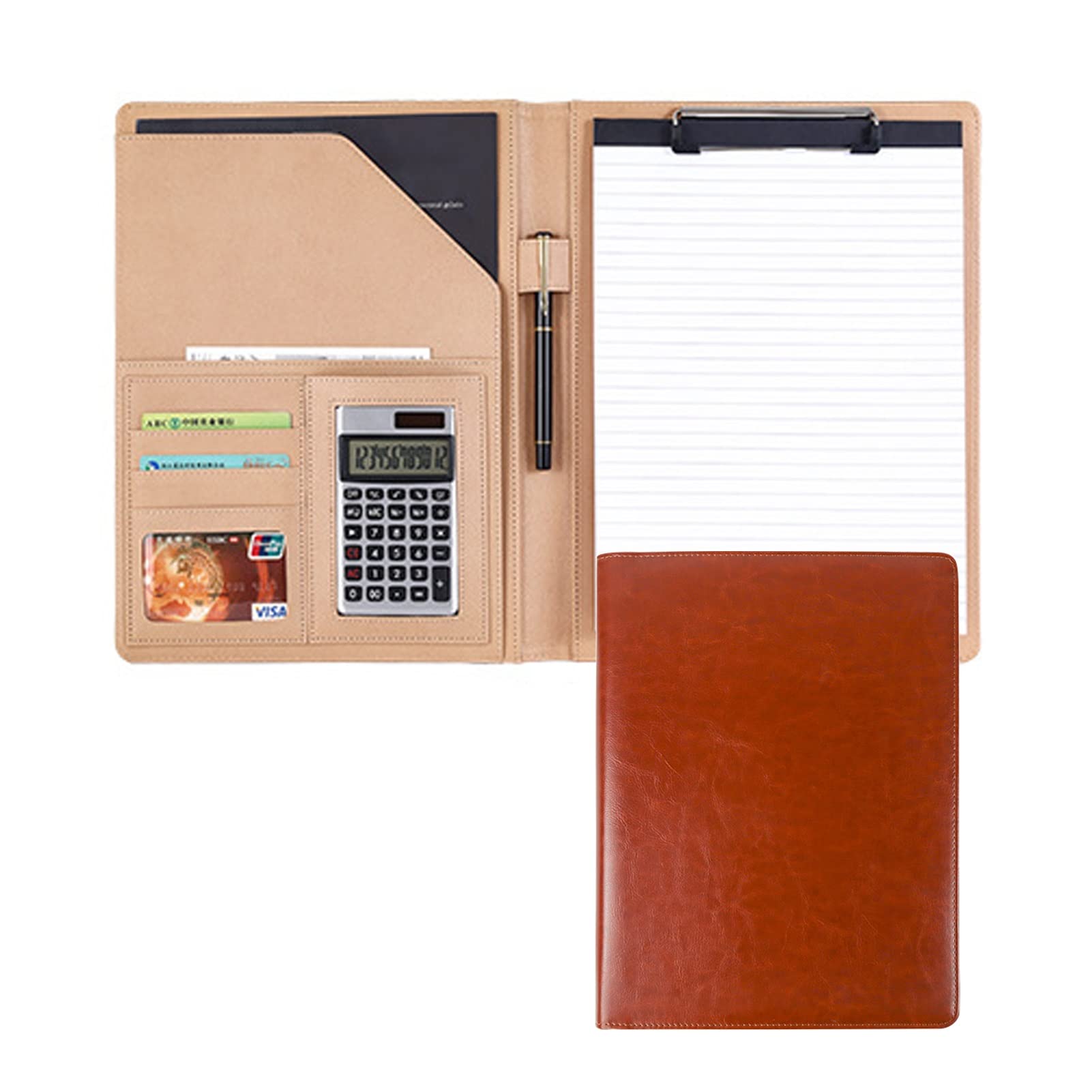 Porte documents A4 en cuir PU marron avec calculatrice intégrée pour réunion d'affaires