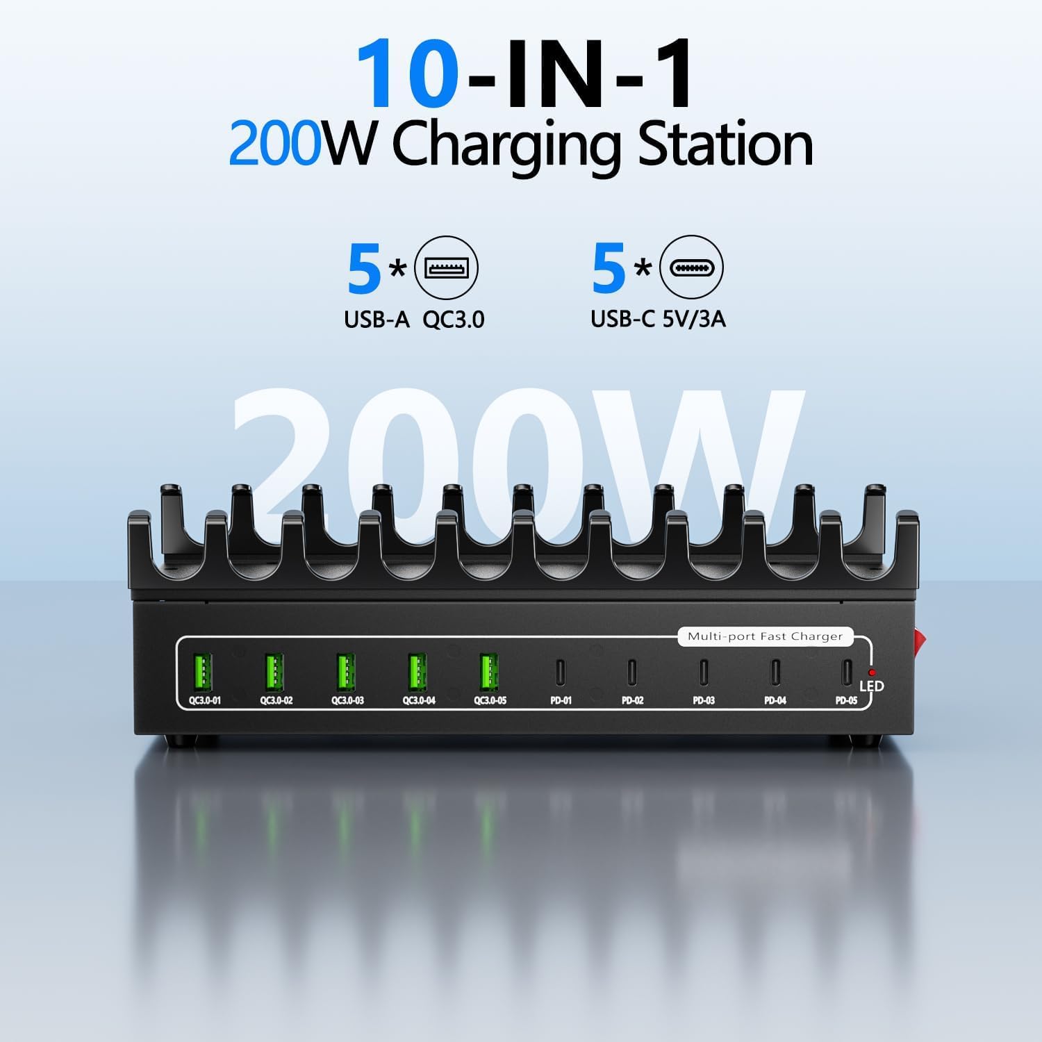 Ladestation, USB-C-Ladestation für mehrere Geräte, Gesamtleistung 200W 10 Ports [5USBA & 5USBC] Ladestation, 10 Ladekabel, Kompatibel mit iPhone 11/12/13/14/15/16/XS/XR/8/Handy/Tablet
