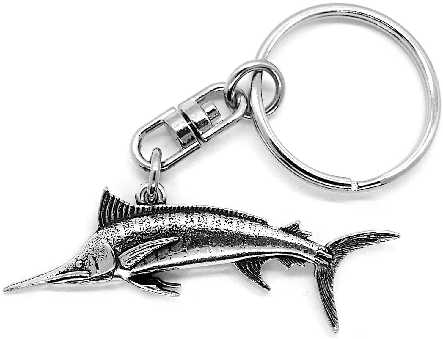 Marlin Fish Silver Pewter Keyring (single sided) in an organza pouch