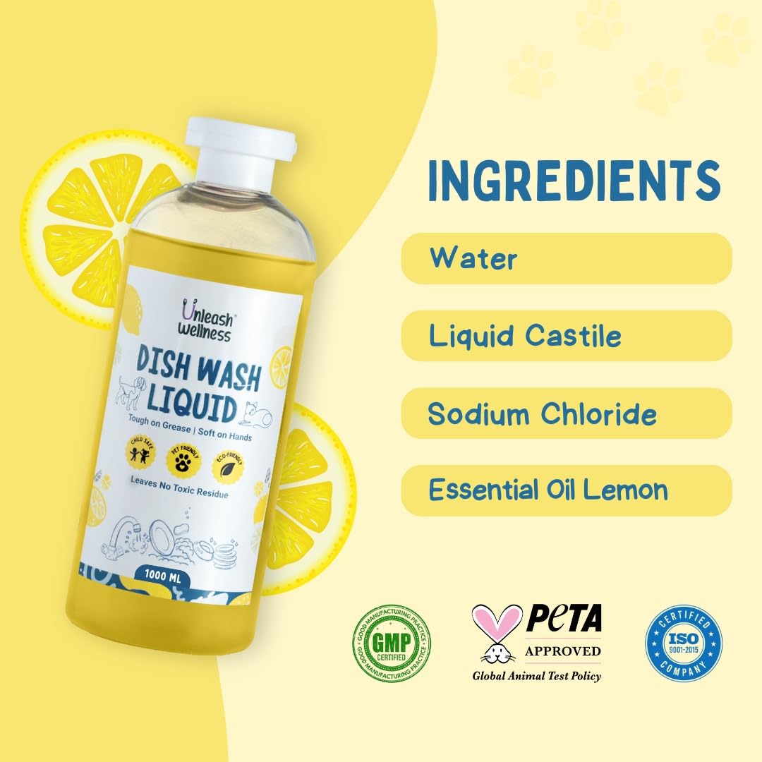 Unleash Wellness® Dish Wash Liquid 1000ML with Lemon and Lemongrass Fragrance, Safe for Babies & Pets, Removes Tough Grease, Gentle on Hands, Biodegradable Cleaner for Bottles, Dishes & Feeding Items 3