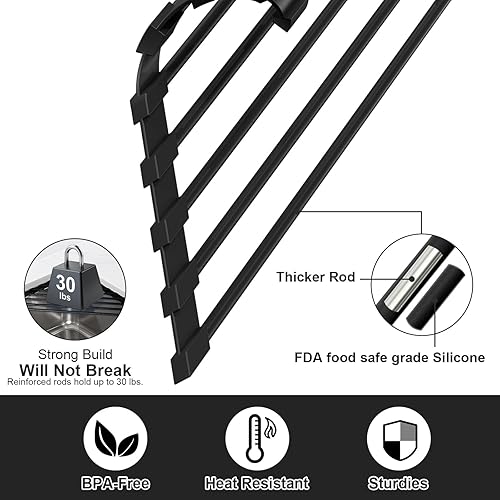 Miniatura 10 de HANZENMA Escurridor de platos enrollable sobre el fregadero, estante de secado de fregadero plegable multiusos resistente al calor, antideslizante y