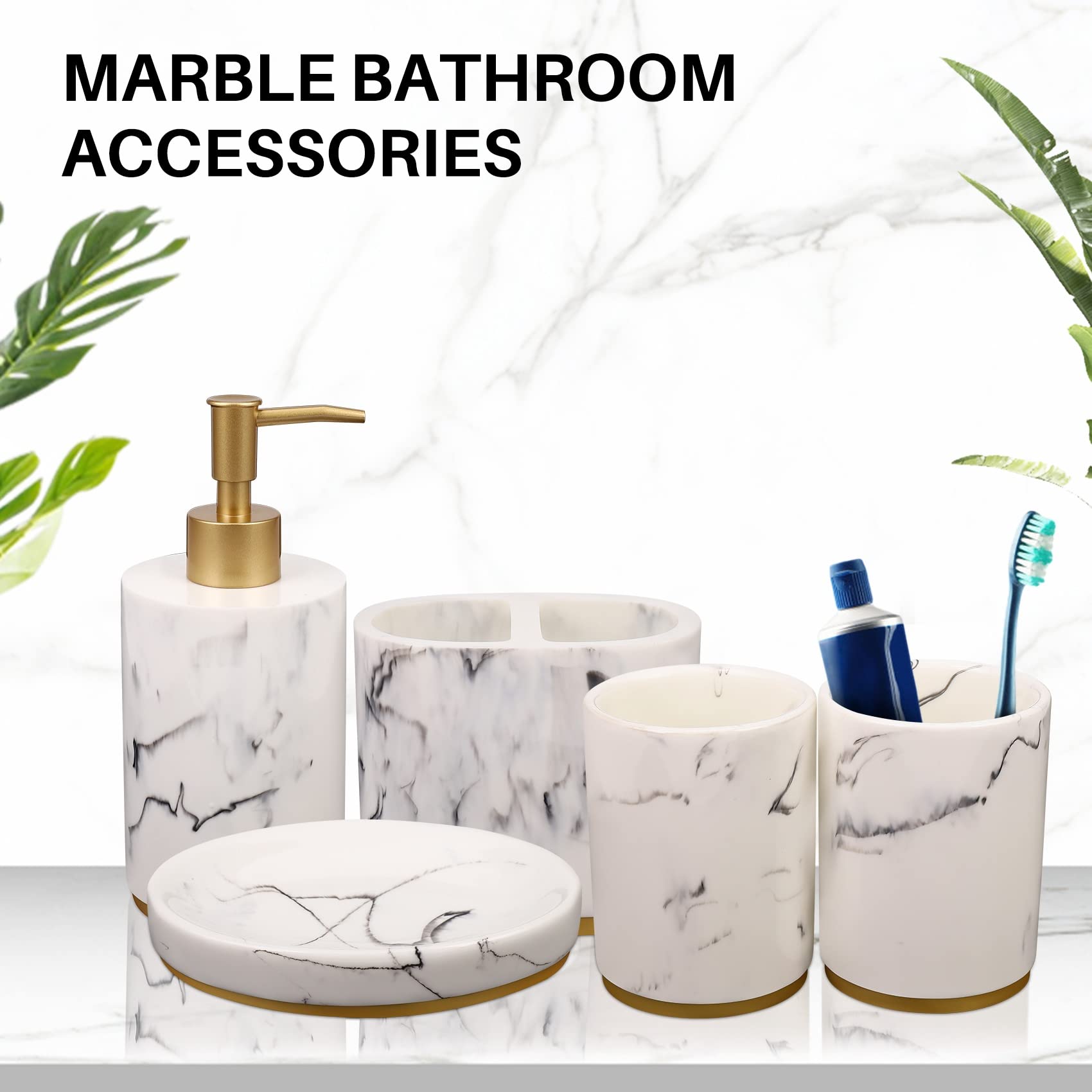 de accesorios de baño, conjunto de baño de 5 piezas, colección de juegos de baño, bomba dispensadora de jabón de mármol, soporte para cepillo de dientes, jabonera