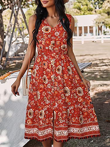 Image of TEMOFON Women Dress Summer Sleeveless Bohemian: Floral V Neck Button Down Flowy Boho Dresses S-XL
