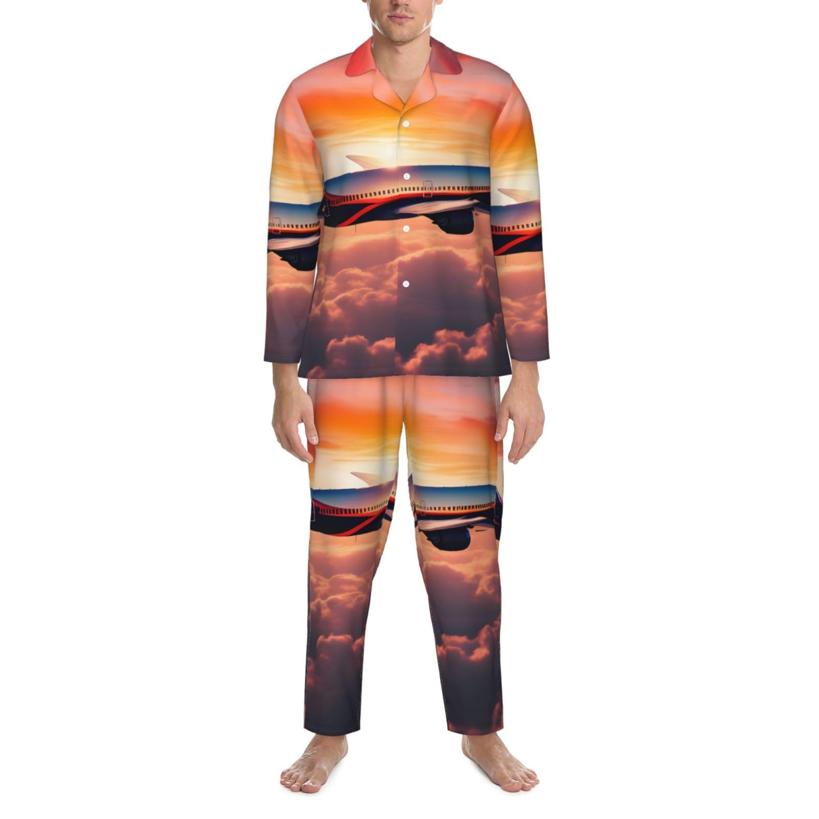 Pigiama da uomo a maniche lunghe con stampa cielo tramonti aeroplano set due pezzi traspirante accogliente Weekend Loungewear