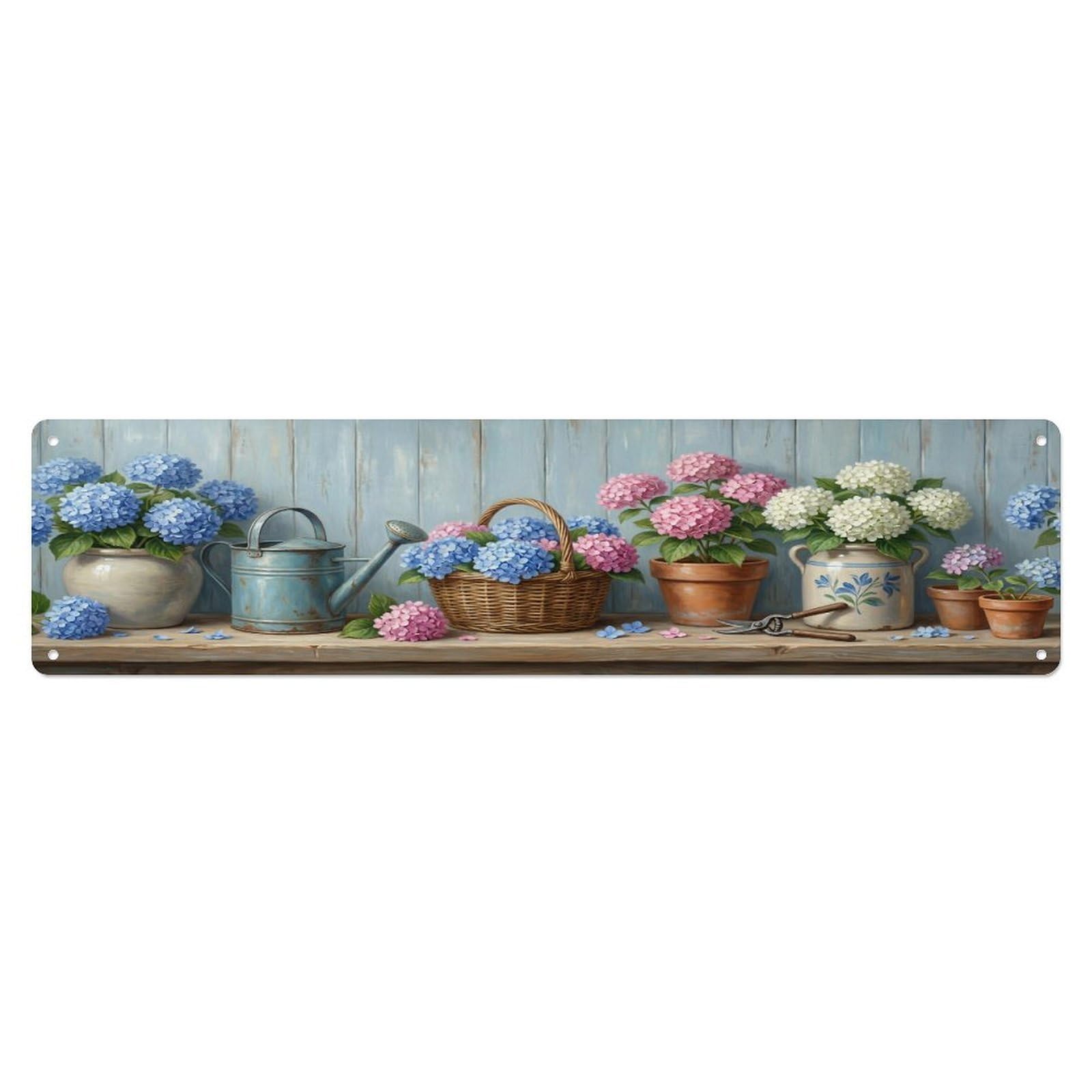 Floral Garden Tools Hydrangea Garden Pattern Print Metal Tin Sign