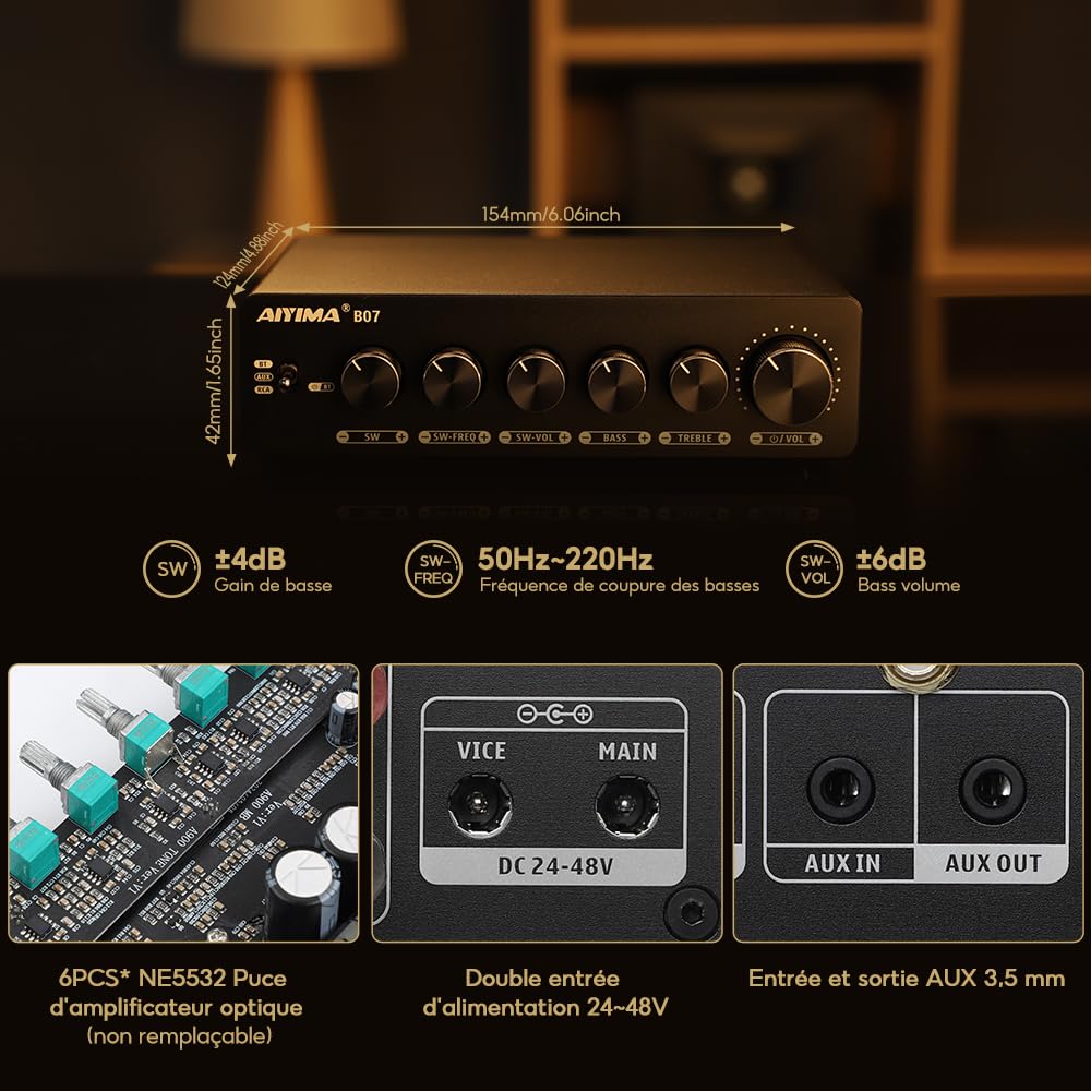 AIYIMA B07 amplificateur Bluetooth 5.2 TPA3255 2.1 canaux Caisson de Basses 300Wx2 + 300W pour Haut-parleurs de bibliothèque de Bureau à Domicile caissons de Basses avec Alimentation auxiliaire