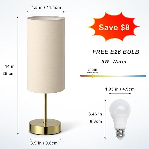 Miniatura 2 de Lámpara de mesa auxiliar pequeña para mesitas de noche de dormitorio, pantalla redonda de lino y base de metal de latón antiguo, lámparas de noche