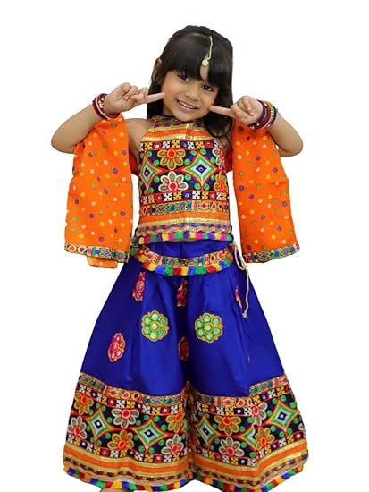 Baby Girl's Navratri Mirror Work Chaniya Choli, Indian Traditional Ethnic Dress for Kids with Dupatta and Half Sleeves, Perfect for Garba/Dandiya Mahotsav & Festive Occasions
