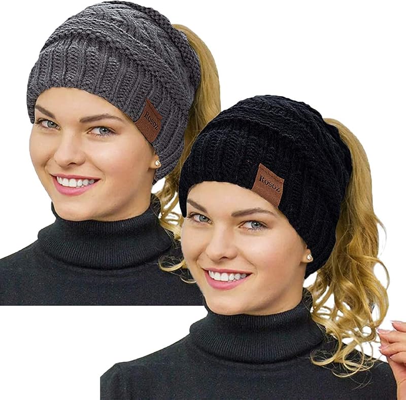 Rosoz 2 Pack Ponytail Beanie for Women,Winter Warm Beanie Tail Soft Stretch Cable Knit Messy High Bun Hat