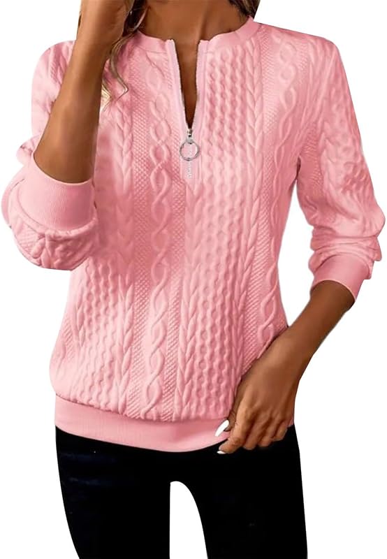 Women's Half Zip Quilted Pullover Sweatshirts Crew Neck Long Sleeve Tops Textured Solid Casual Fashion Fall Sweaters