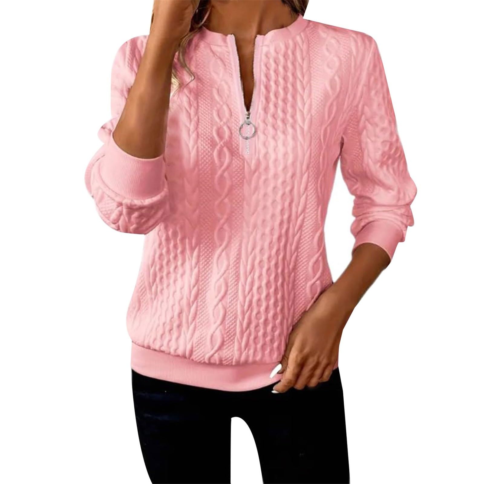 Women's Half Zip Quilted Pullover Sweatshirts Crew Neck Long Sleeve Tops Textured Solid C…