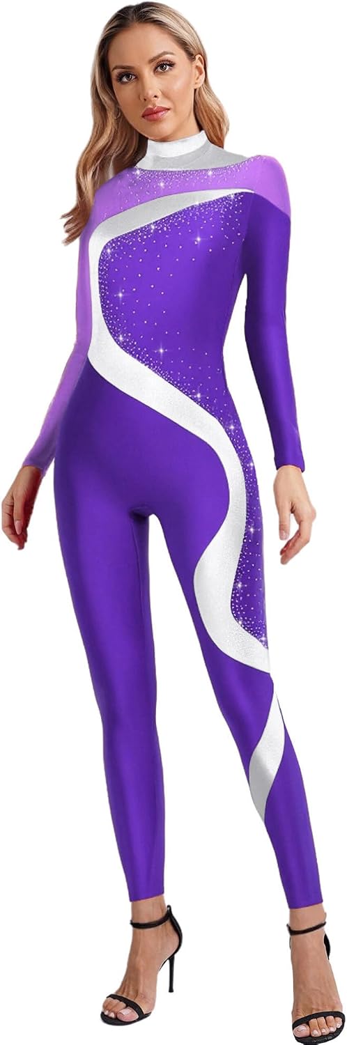 TiaoBug Women's Long Sleeve Gymnastics Unitard One Piece Dance Bodysuits Ballet Leotards Skating Jumpsuit