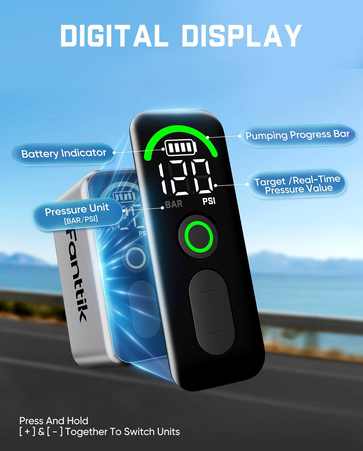 Bomba eléctrica para Bicicletas Fanttik X10 Ace Tiny Mini, Bomba de Aire compacta de 120 PSI con válvula Presta y Schrader, Bomba eléctrica de inflado rápido para Bicicletas,