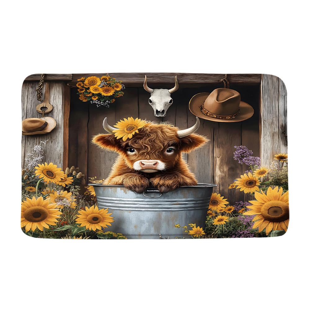 VPUPCN Cute Highland Cow Bath Mat Western Farmhouse Animal Cattle Calf Rustic Sunflower Floral Vintage Microfiber Memory Foam Bathroom Rug Doormat