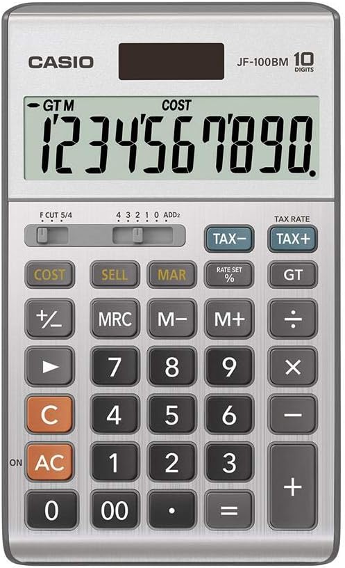 Close-up of Casio JF-100BM calculator display and keypad