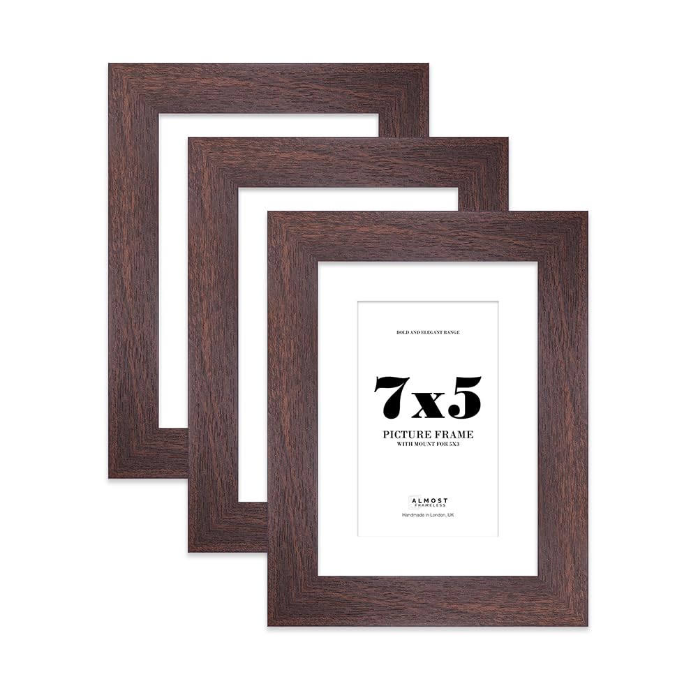 7x5" Walnut Frame With Mount for 5x3" Pictures 28mm Edge Portrait and Landscape Display with Wall Hooks and Kickstand, 3 Pack