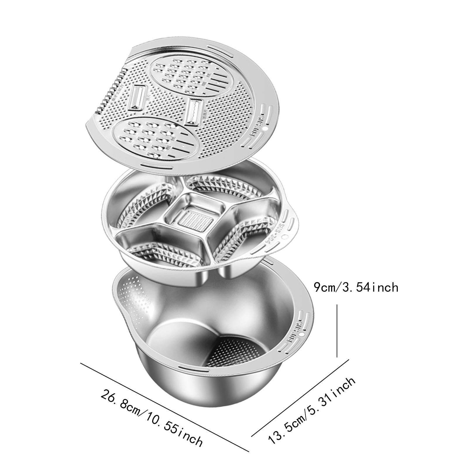 3-teiliges Küchensieb-Set aus Edelstahl, Reiswaschschüssel, vielseitiges Zubehör, Abflusskorb, stabile Reibe, Gemüsezubereitungsplatte, 304 Edelstahl