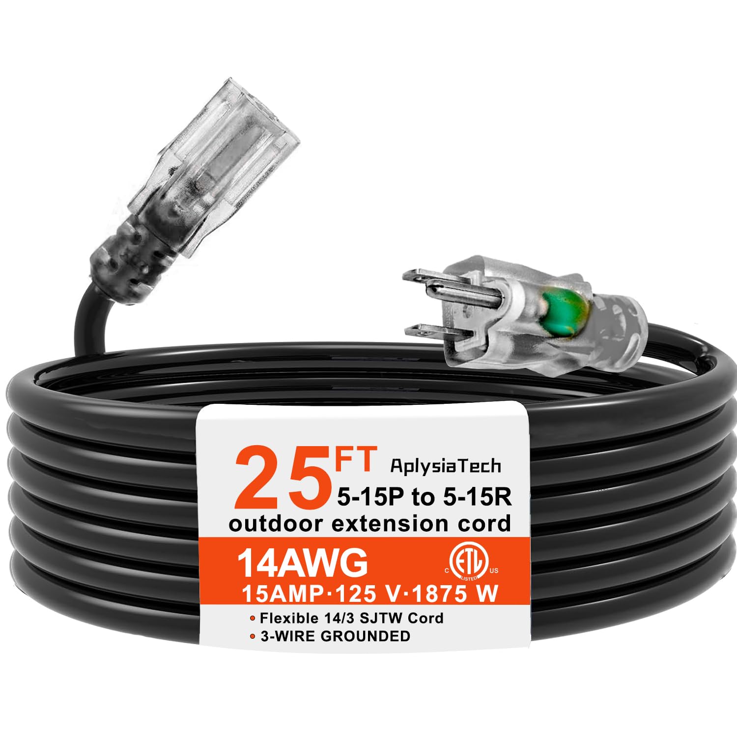 AplysiaTech 14/3 15Amp 25ft Black Outdoor 14 Gauge Extension Cord - Contractor Grade SJTW Cable - Moisture & Abrasion Resistant - Heavy Duty, Molded Plugs - Ideal for Outdoor Tools & Equipment