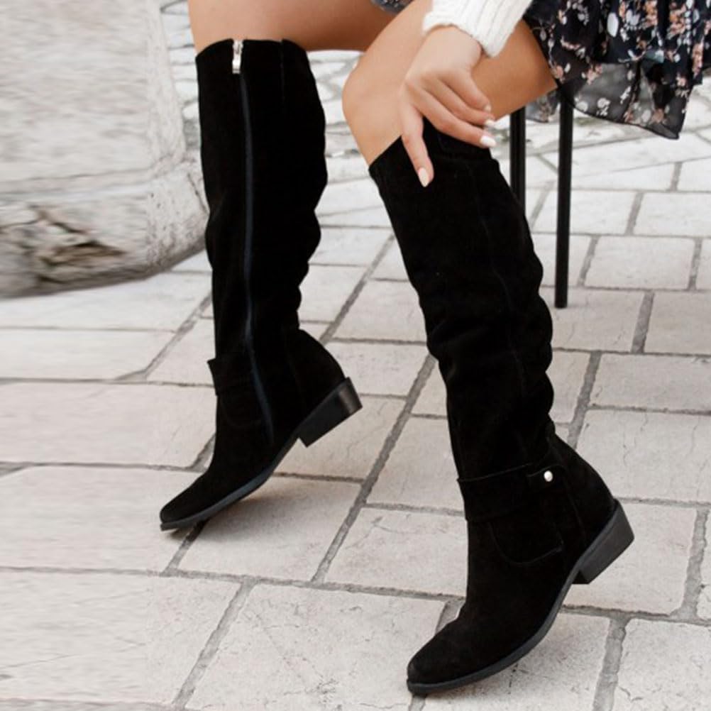 Cowboy Boots For Women Knee High Length Suede Wide Calf Western Cowgirl Boots With Side Zipper Retro Chunky Low Heel Mid Calf Riding Boots Dress Winter Shoes For Ladies - Image 2