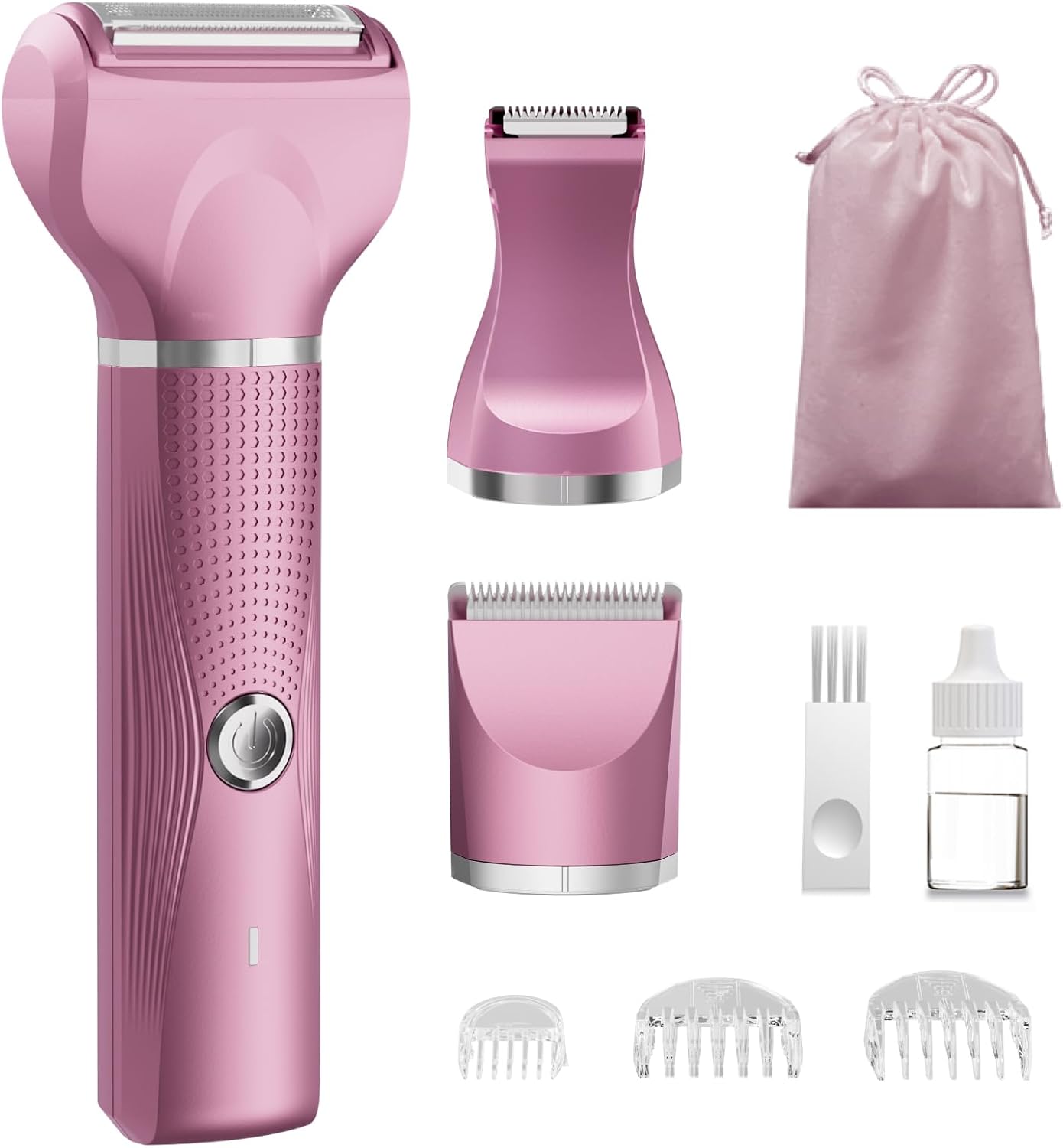 Unibono Rasierer Damen Elektrisch Kit, 3-in-1 Intimrasierer für Frauen, Damenrasierer Nass-Trockenrasierer Trimmer für Bikinizone Achseln Beine, USB-C wiederaufladbar mit Aufbewahrungstasche, Rosa