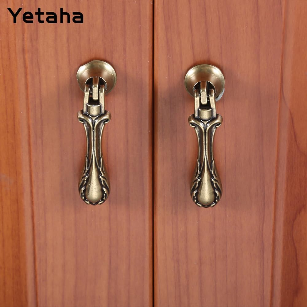 Yetaha 4PCS Vintage Pendant Pulls, Bronze Tear Drop Pulls, Antique Carved Handle with Mounting Screws for Cabinet Dresser Wardrobe Furniture Decorative
