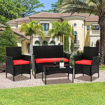 Pazidom Outdoor Wicker Patio Furniture Sets 4 Pieces Bistro Rattan Furniture Outdoor Sofa Conversation Bistro Sets, Bench Seat Two Rattan Chairs One Glass Top Table for Yard Porch Backyard (Red)