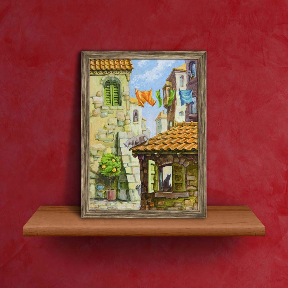 ArtzFolio Cats In The Old Mediterranean City Tabletop Painting Antique Golden Frame 6 x 7.7 inch (15 x 20 cms)