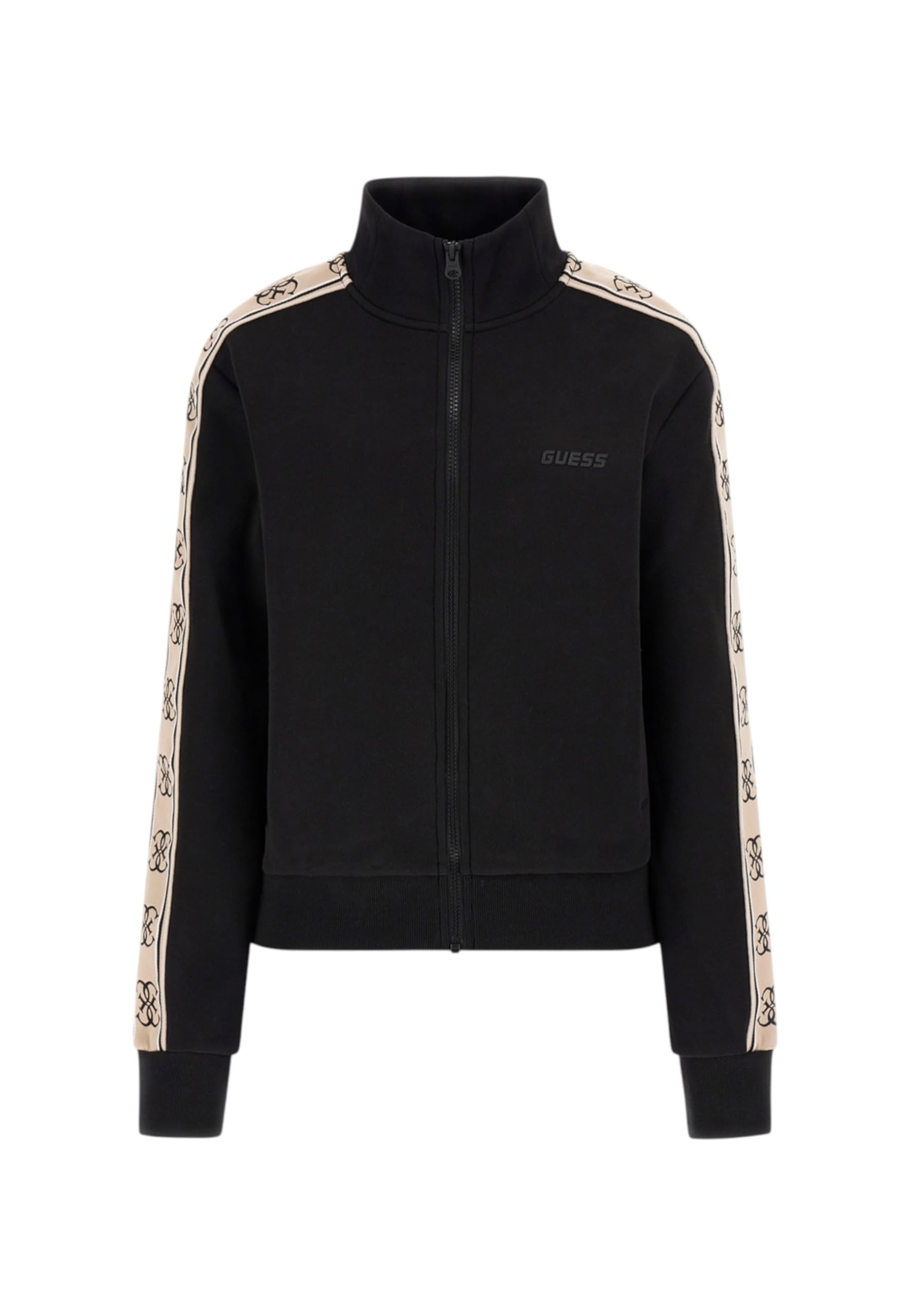 Guess Felpa Zip Con Logo Laterale Firmata Guess, Realizzata In Punto Milano E Caratterizzata Da Bande Laterali, Logo Frontale In Tinta E Collo Alto. L'immagine Riporta Una Taglia S. Lunghezza Manica.-image