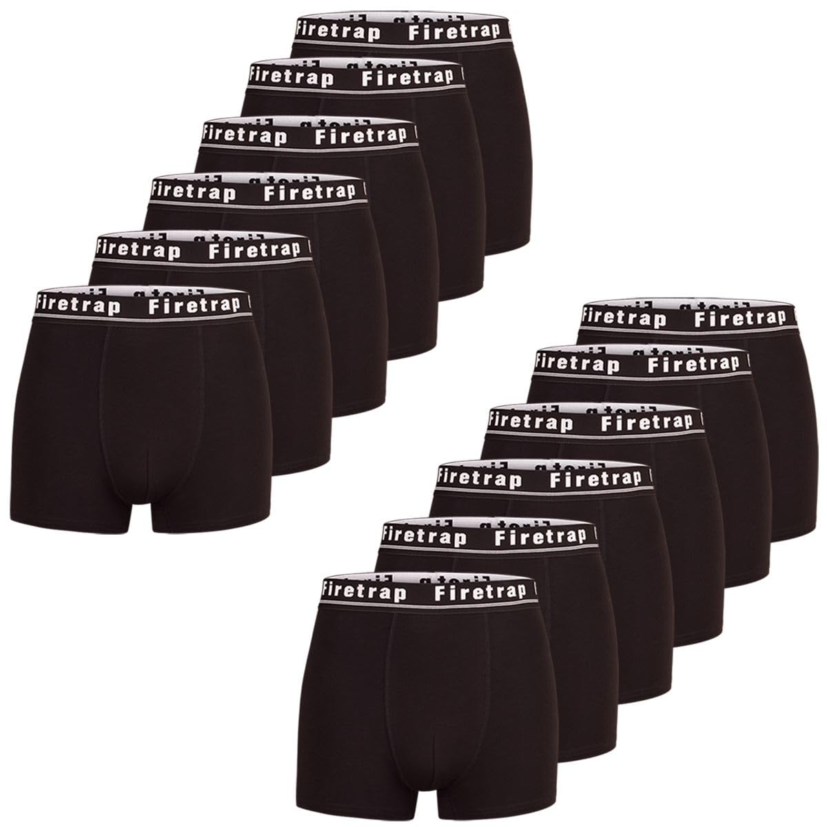 Firetrap Men's All Black 12 Pack Designer Boxer Shorts, Underwear Gift Set Trunks Comfortable Stretch Cotton Plain Colours Briefs L