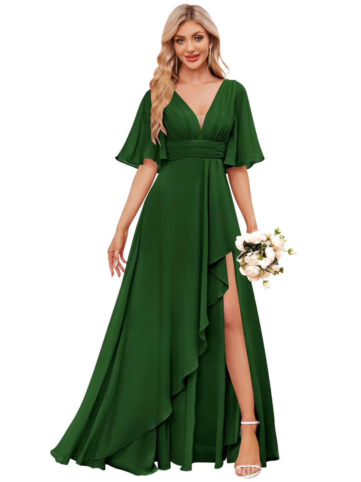 OFEECHUN Women's Long Bridesmaid Dresses with Slit Short Sleeve V Neck Ruffled Formal Evening Gowns