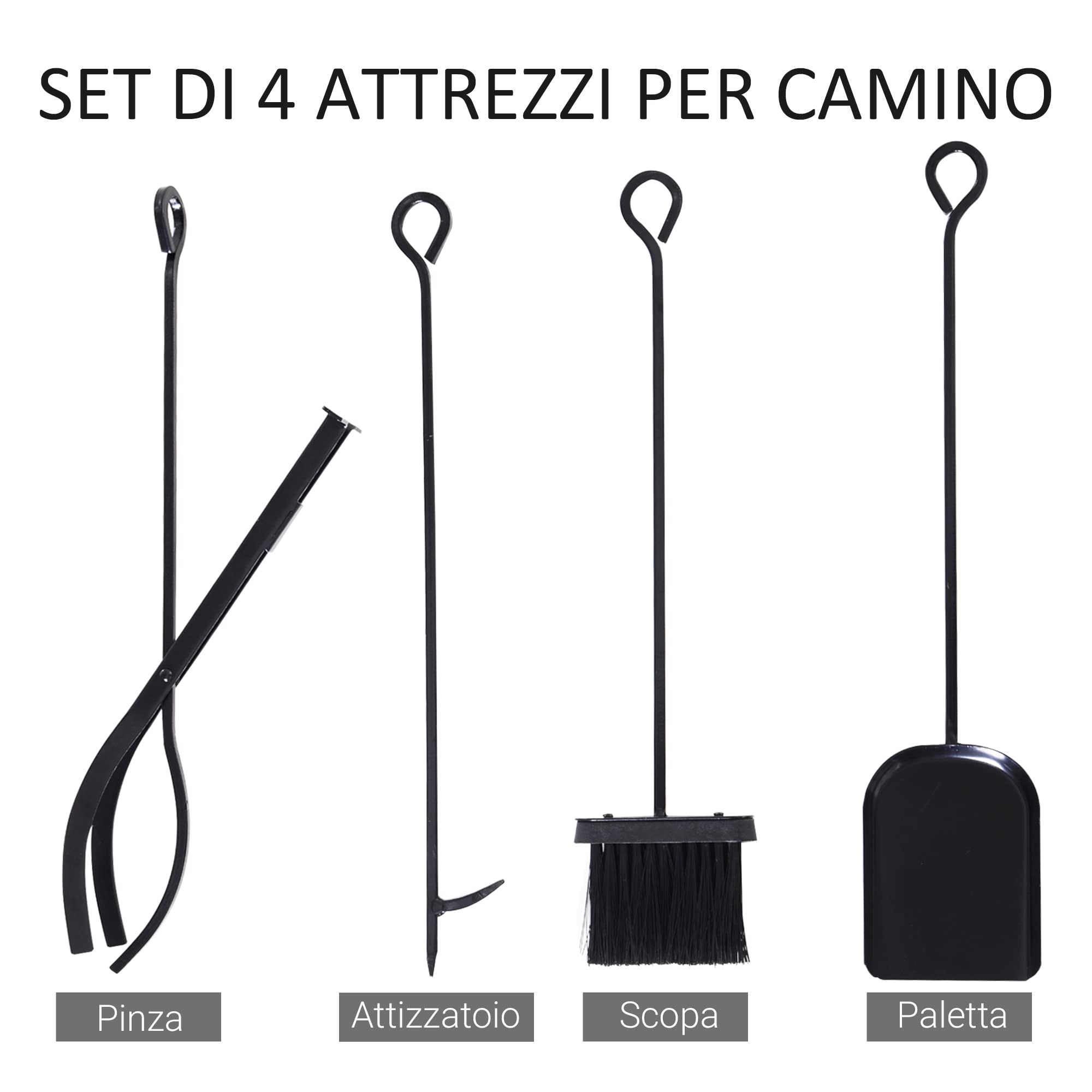 Outsunny Portalegna da Interno ed Esterno in Metallo con Paletta, Scopa, Attizzatoio e Pinza, Nero, 84x33x76cm