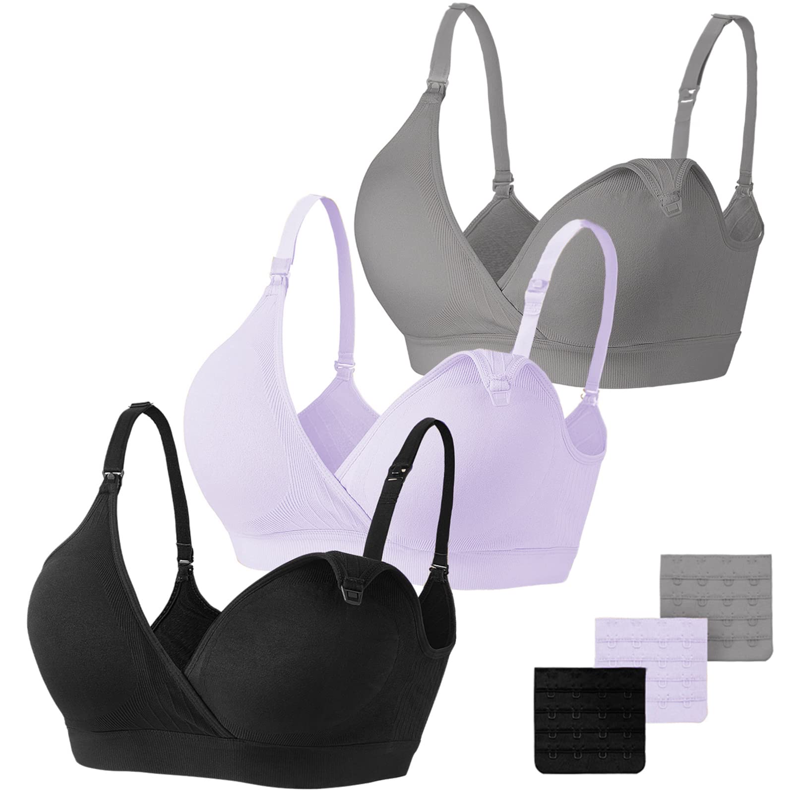Vinfact Set da 3 Reggiseni Allattamento Senza Cuciture Reggiseno Premaman Cotone Morbido con Imbottito Reggiseno Gravidanza Senza Ferretto, Design Sexy con Scollo a V
