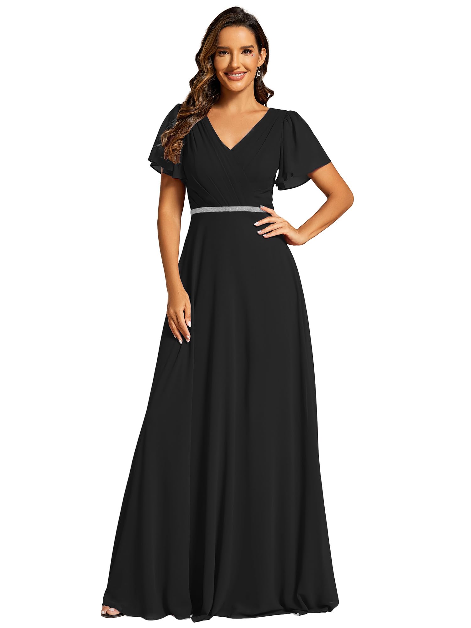 Ever-Pretty Womens Chiffon Formal Dress A-Line V Neck Ruffle Sleeves Floor Length Evening Gown 11981