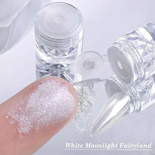 Miniatura 4 de Polvo de uñas cromado y perla blanca, efecto de espejo plateado metálico mágico, efecto de espejo nacarado de hielo, purpurina aurora, polvo
