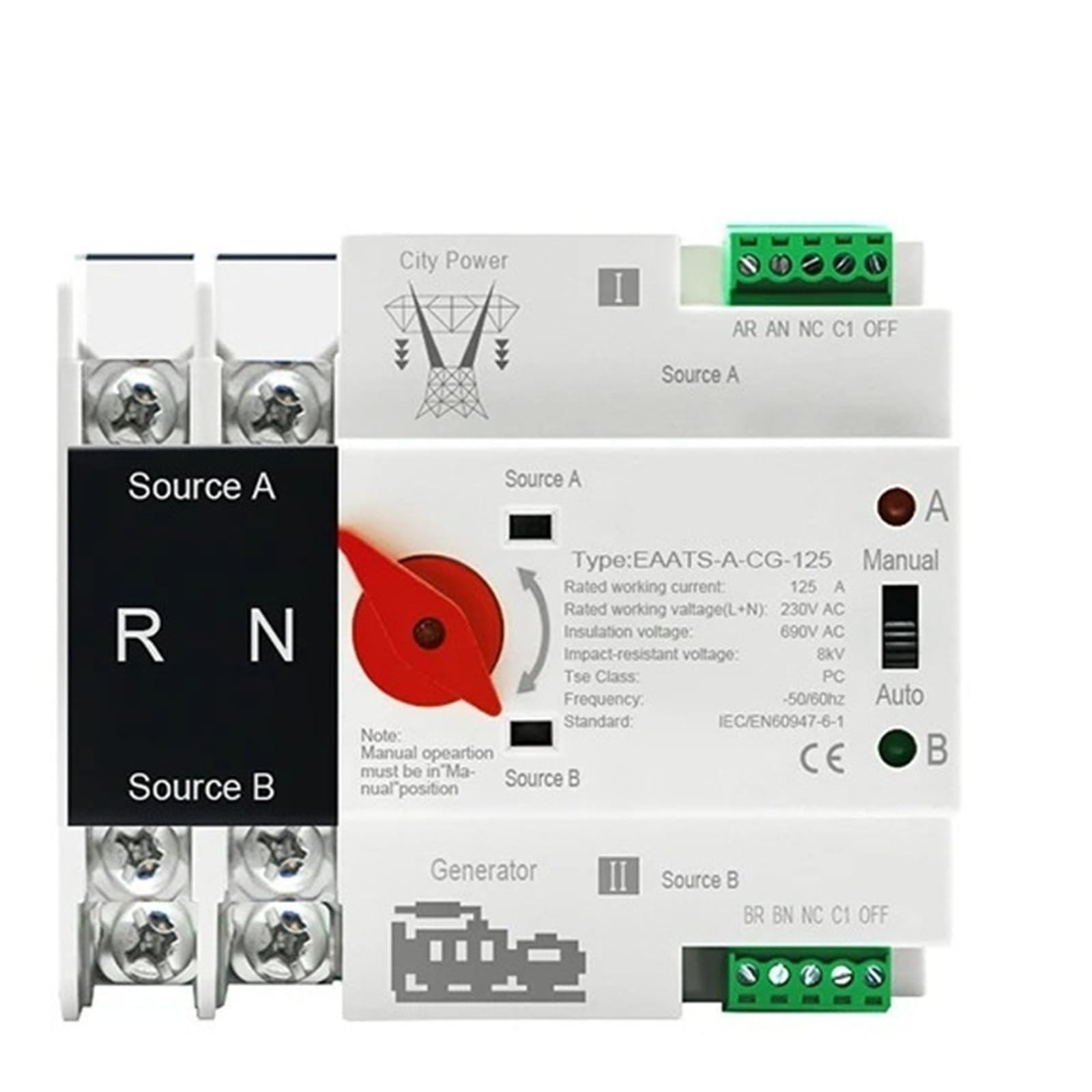 Rail PV 2P 4P 125A AC 230V 110V Dual Power Commutatore di trasferimento automatico Selettori elettrici Alimentazione ininterrotta