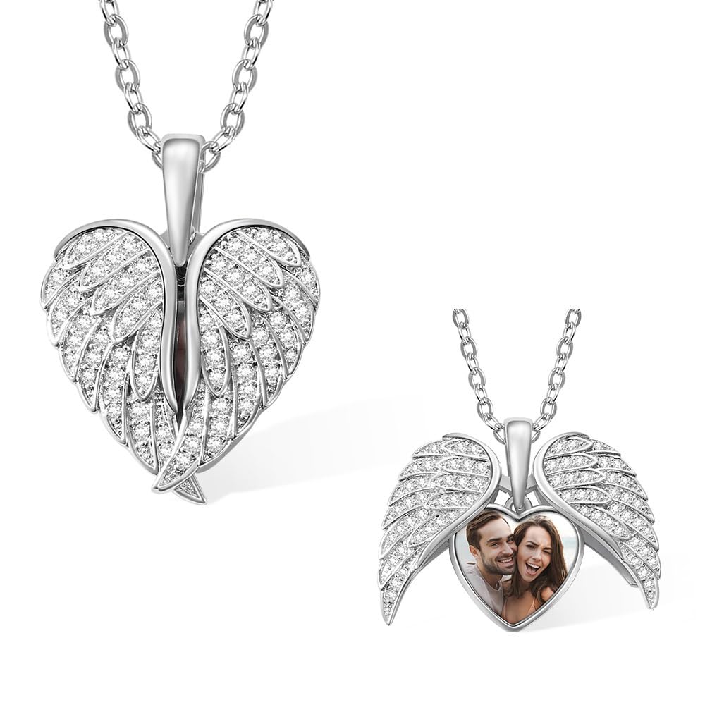 Collana con medaglione personalizzabile con ali d'angelo e zirconia cubica, a forma di cuore, con foto all'interno, gioiello commemorativo, regalo di compleanno per la mamma