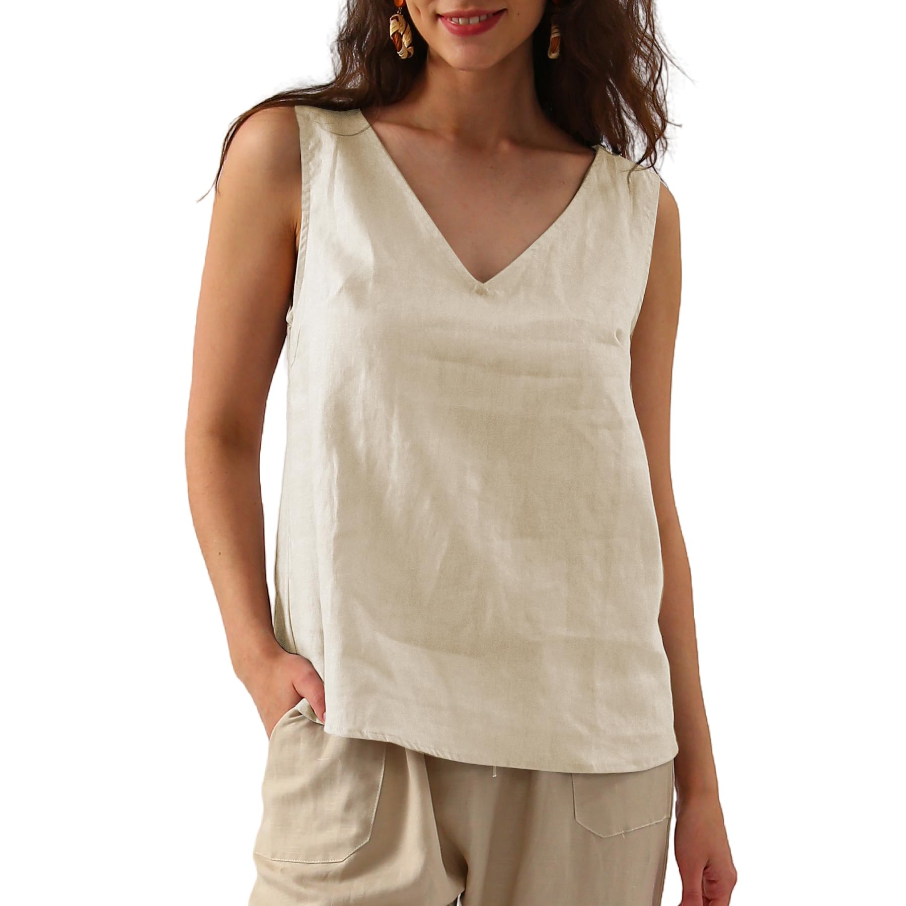 Amazhiyu Camicetta da donna in lino, senza maniche, estiva, basica, casual, con scollo a V