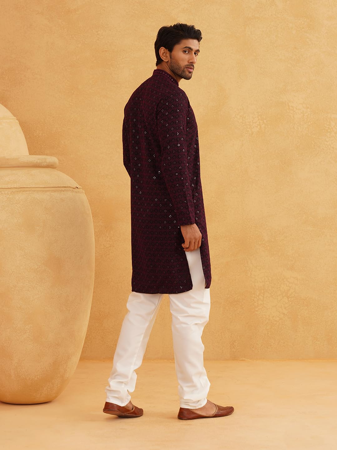 Sojanya (Since 1958 Men's Cotton Gold Embroidered Sequinned Purple Kurta With White Churidar Pyjama