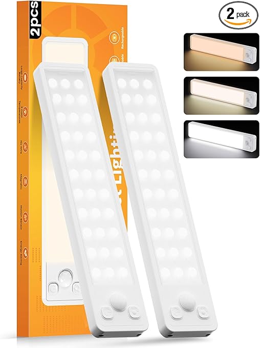 Under Cabinet Rechargeable Dimmable Lighting: 3 Color Temperature Motion Sensor Lights Indoor - Battery Operated Lights - Activated Closet Magnetic Wireless Led Light for Kitchen Home Bathroom Counter