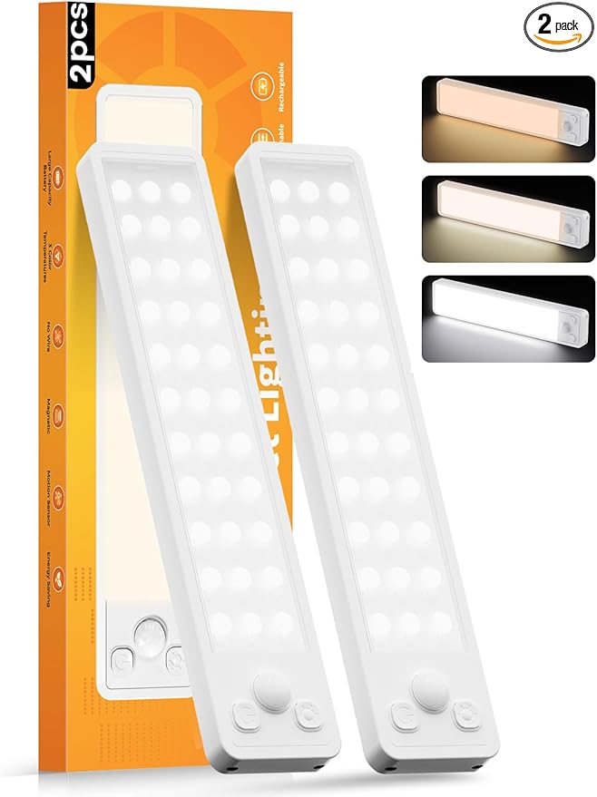 Under Cabinet Rechargeable Dimmable Lighting: 3 Color Temperature Motion Sensor Lights Indoor - Battery Operated Lights - Activated Closet Magnetic Wireless Led Light for Kitchen Home Bathroom Counter