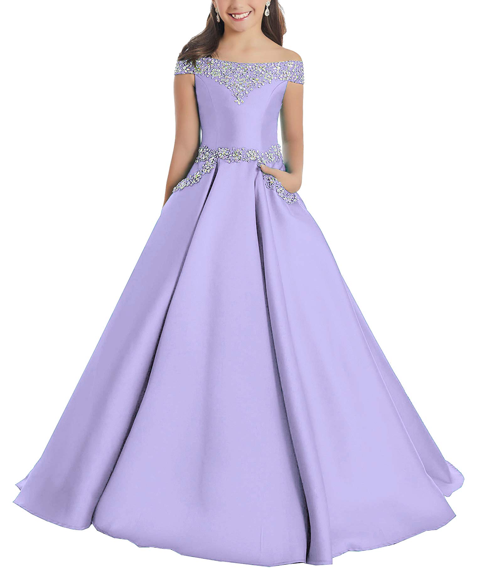 Junguan Flower Girls Off The Shoulder Pageant Dresses Long Princess Birthday Formal Party Ball Gowns Aline with Pockets