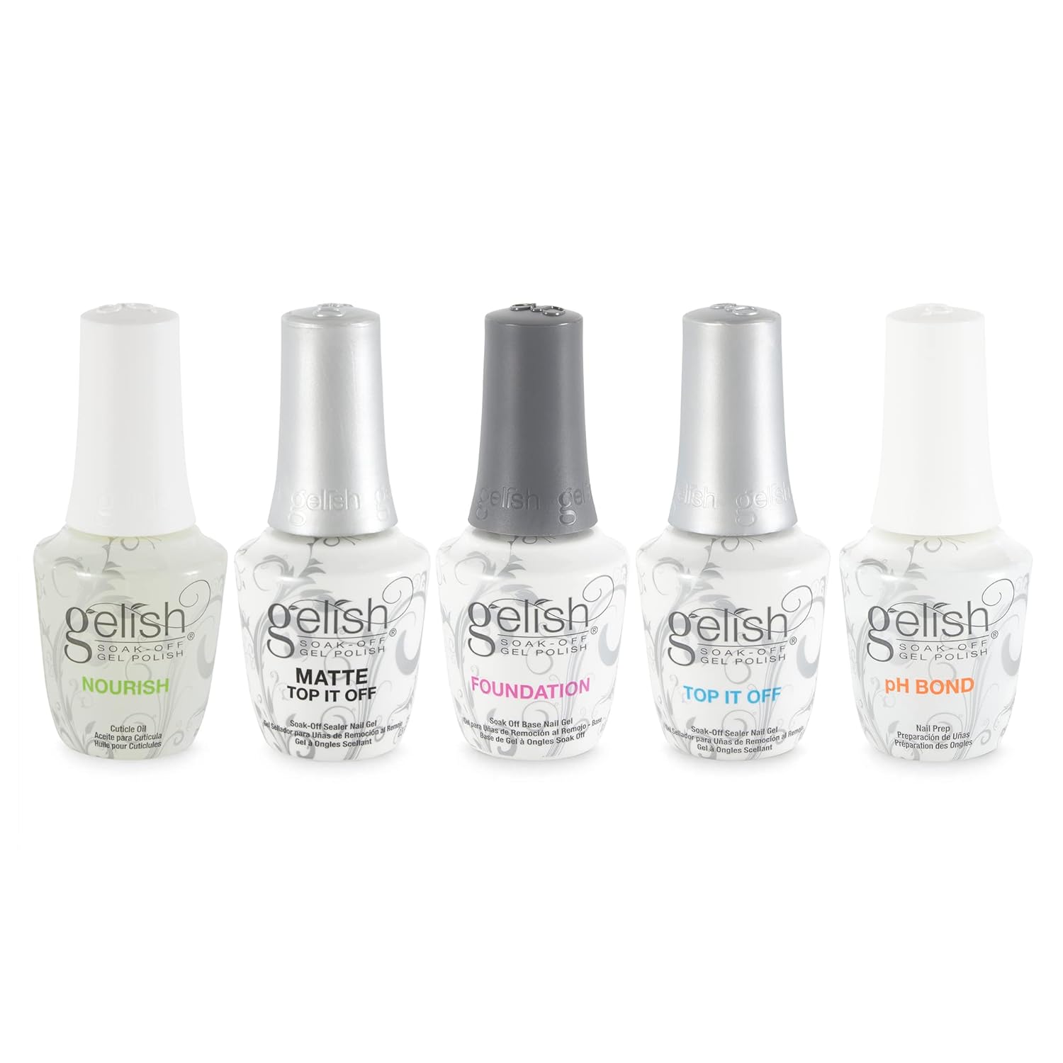 Gelish Collection 15 mL Soak Off Gel Nail Polish Kit with pH Bond, Foundation, Top It Off, Matte Top It Off, and Nourish Cuticle Oil