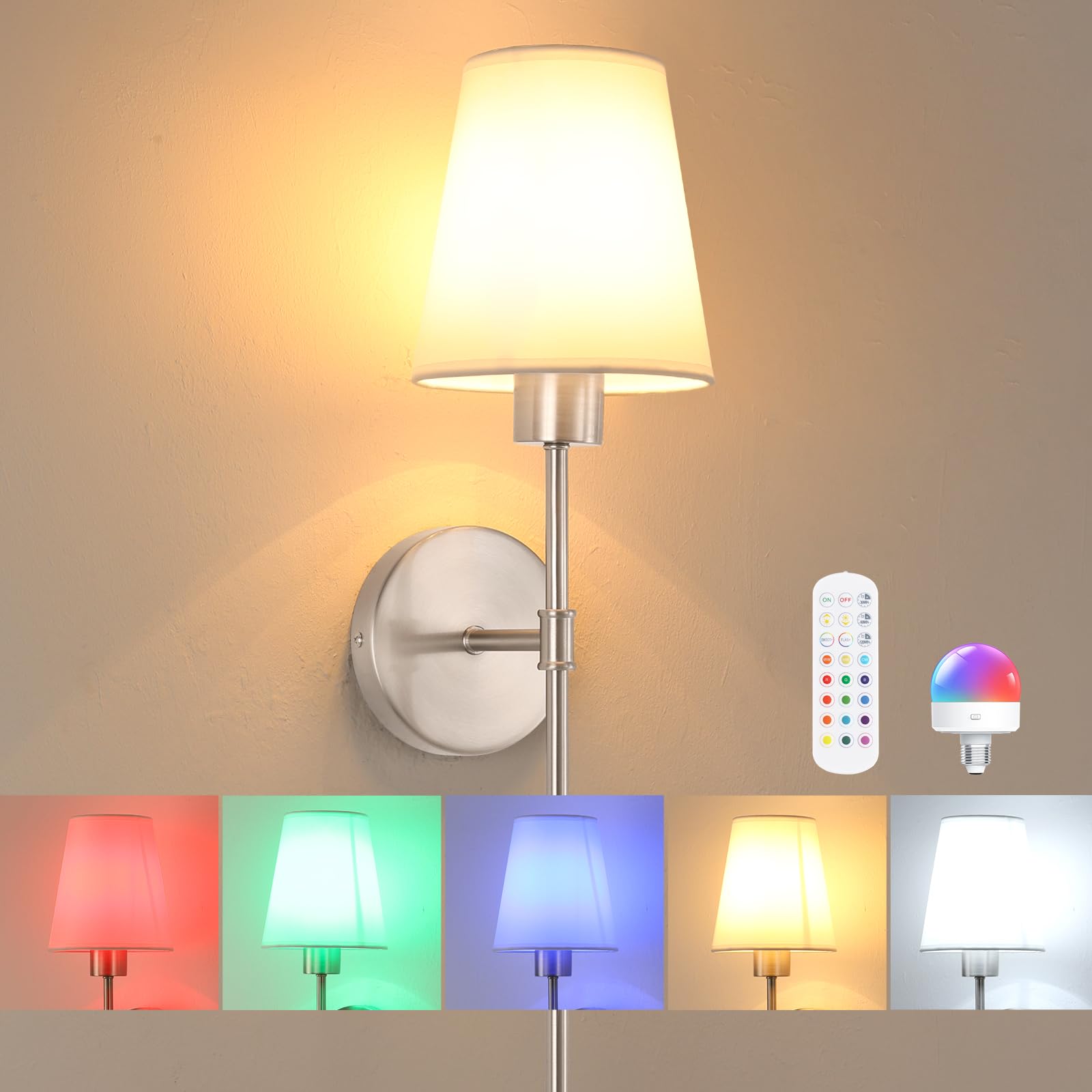 Shenmoyl Battery Operated Wall Sconce, 120H Usage Time 22.6" Rechargeable Wall Light with Dimmable Bulb, 12 Colors Wall Sconce for Bedroom Living Room, Silver