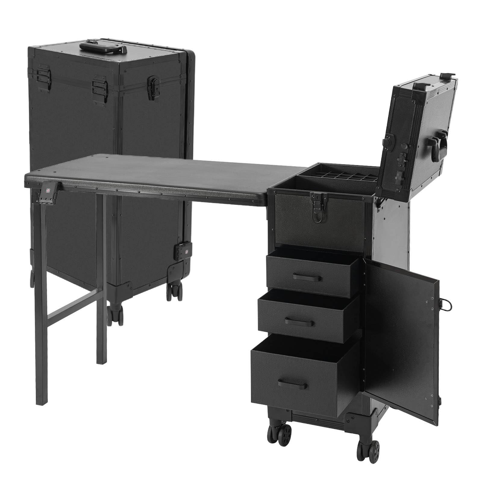 Kreiaoer Foldable Rolling Manicure Table with Mirror and Lights, Portable Nail Desk with 3 Drawers, Lock & Wheels, Travel Vanity Station for Makeup
