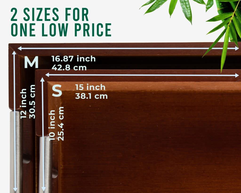 Set of 2 Modern Bamboo Serving Trays with Metal Handles â€“ Wooden Ottoman Trays for Entertaining & Serving Food - Dark Brown