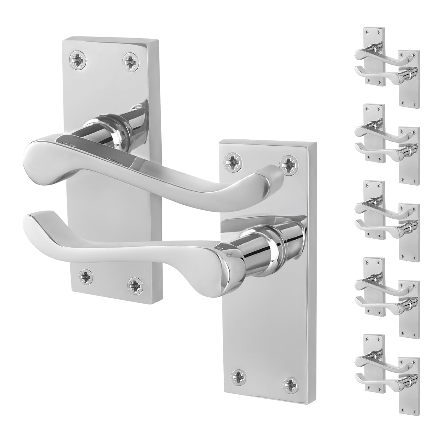Eai Chrome Victorian Scroll Latch Handles, 6 Pairs Of Polished Internal Lever Door Handles On Backplate