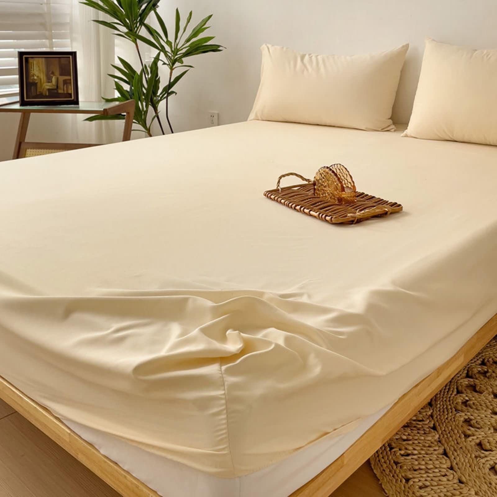 Drap Housse avec Élastique Fibre de Bambou Lit Double, Couleur Unie, 150 x 200 CM, Beige