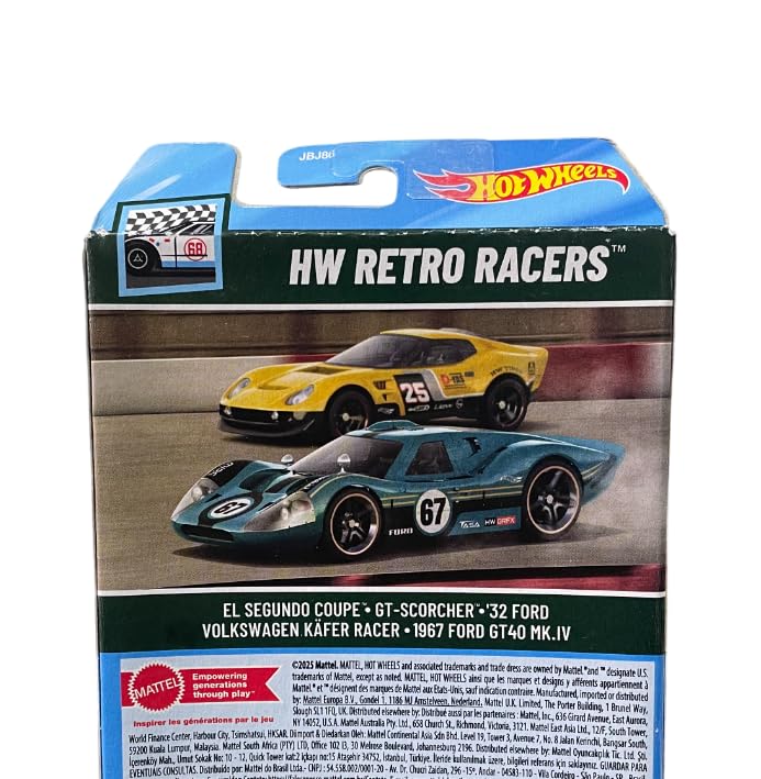 Image of Hot Wheels Car 2025 HW Retro Racers Pack of 5 (EL Segundo Coupe, GT-Scorcher, 32 Ford, Volkswagen Kafer Racer, 1967 Ford GT40 MK.IV) Multi - Color