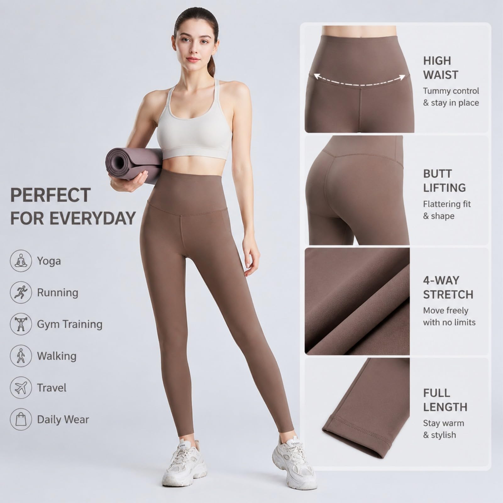 HJDMO Legginsy Damskie Wysoki Stan Pogrubione Bezszwowe Zima Yoga Krzyżowy Płaski Pas Kontrola Brzucha Uniesienie Pośladków Bieganie Wędrówki S do XXL 4 Kolory Czarny Szary Fioletowy Kawa